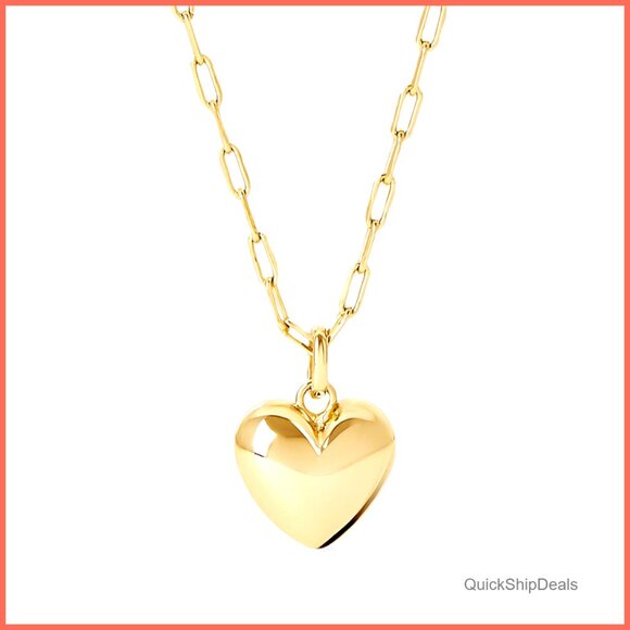 14K Gold Plated Puffy Heart Pendant Necklace Adjustable Chain Hypoallergenic